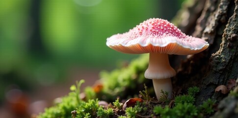 Pink oyster mushroom pleurotus djamor growing on tree root, bark, mushroom