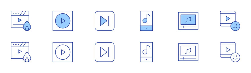 Multimedia icon set in two styles, Duotone and Thin Line style. Editable stroke. trending video, music app, music video, play button, video, last