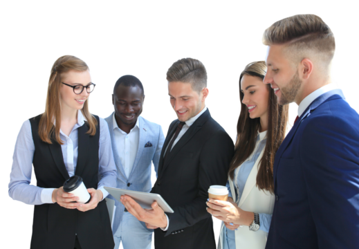 Group of buisness people working on tablet on a transparent background