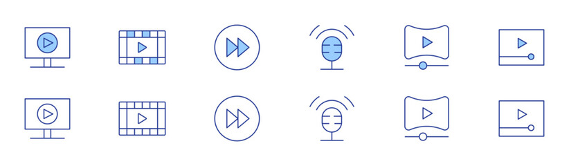 Multimedia icon set in two styles, Duotone and Thin Line style. Editable stroke. video player, podcast, documentary, video, play, fast forward