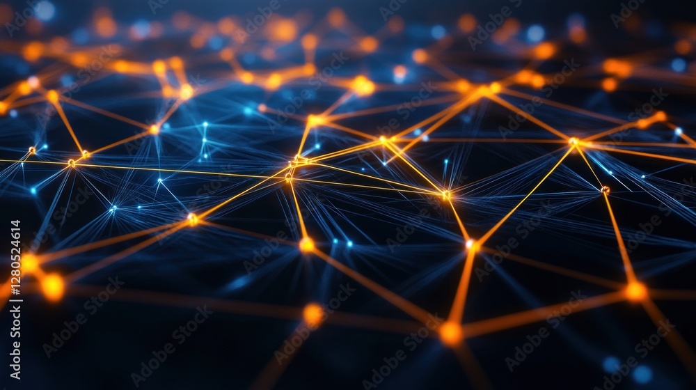 Poster interconnected network, abstract data visualization with glowing nodes