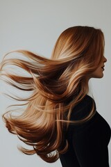 Obraz premium Beautiful woman with long flowing hair in motion against a neutral background