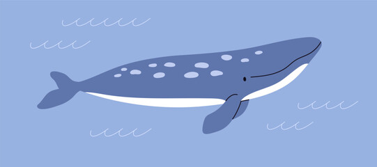 Cute whale swimming underwater with happy smile. Adorable large mammal floating in ocean, undersea. Under water animal, sea fish, marine nature. Kids zoology, fauna. Flat vector illustration