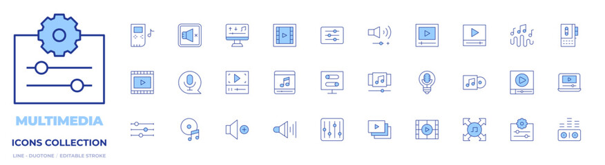 Multimedia icons collection. Line Duotone style, editable stroke. compact disc, playlist, sound waves, bit, settings, music wave, microphone, volume, video, film