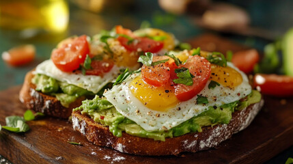 Close-up view of flavorful avocado toast topped with eggs and fresh tomatoes on a rustic wooden table