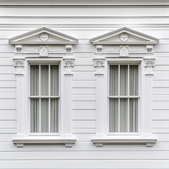 Fototapeta premium Elegant white architectural windows with decorative moldings showcasing classic design elements and symmetry in a residential building exterior, architectural concept