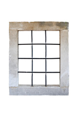 Ancient castle window with a stone frame and iron bars, set in an old stone building, evoking medieval security and historical architecture.