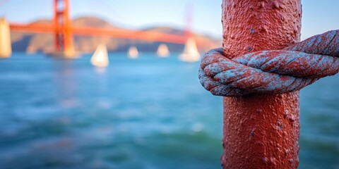 Obraz premium Rope tied around a red pole with golden gate bridge in background