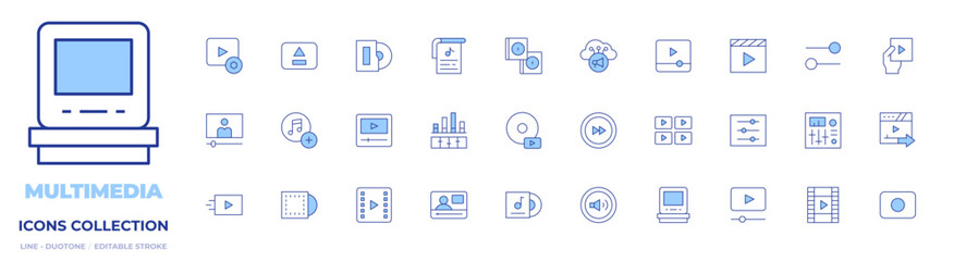 Multimedia icons collection. Line Duotone style, editable stroke. send, rec button, playlist, volume, video, cd, cloud, movie, equalizer, album, video file, settings