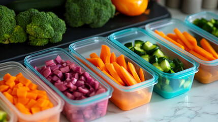 Colorful meal prep containers filled with fresh vegetables on a kitchen countertop in a bright setting