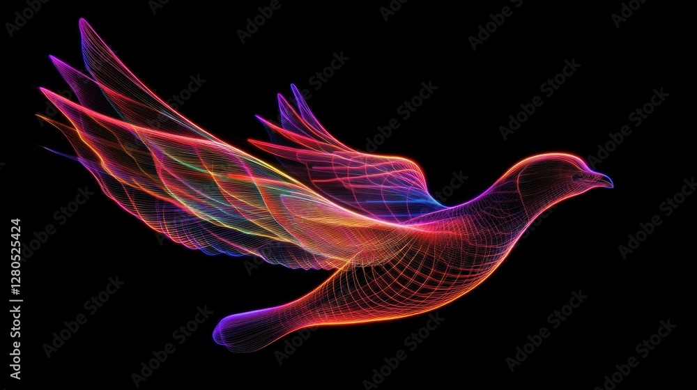 Poster neon illuminated bird soars across a stark dark expanse displaying vivid hues