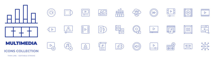 Multimedia icons collection. Thin Line icons, editable stroke. search, viral, cassette, playlist, volume, video, cd, cloud, pause, clip, volume control, equalizer, vhs
