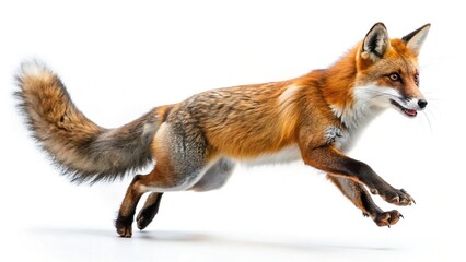 Fototapeta premium Majestic Red Fox Mid-Air Leap, Isolated on White Background - Perfect for Nature & Wildlife Designs