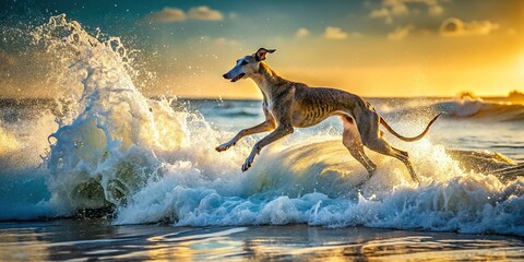 Fototapeta premium Majestic Greyhound Leaps Across Ocean Waves: Action Stock Photo