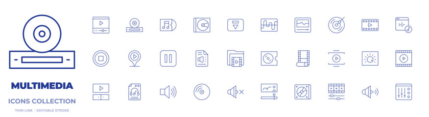 Multimedia icons collection. Thin Line icons, editable stroke. transcription, dj music, vinyl, video edition, cd, play, movie, pause, audio player, video, eject