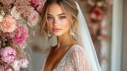 Naklejka premium Bridal portrait, flowers, veil, indoors