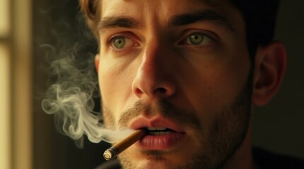 Obraz premium Close-up Portrait of a Man with Piercing Green Eyes and a Cigarette