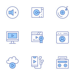 Multimedia icons set. Line Duotone style, editable stroke. cd player, profile, video player, mute, award, cloud, music, vinyl player, stereo