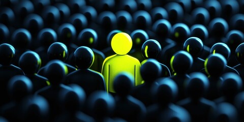 Obraz premium Glowing Yellow Figure Standing Out in a Dark Crowd