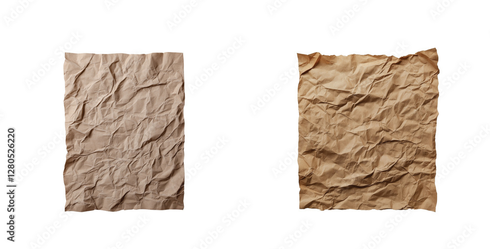 Poster two textured pieces of wrinkled paper display unique patterns and brown toned surface features