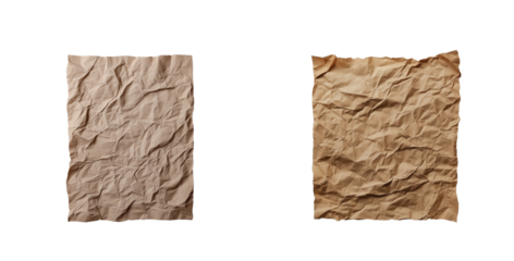 Two textured pieces of wrinkled paper display unique patterns and brown toned surface features
