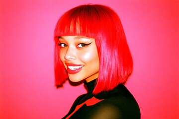 Fototapeta premium Commercial marketing conceptual art. Short trim - red hair. Attractive smiling mixed-race girl - for ads, brochure and online promotion networks use. Vibrant style. Short hair inspiration.