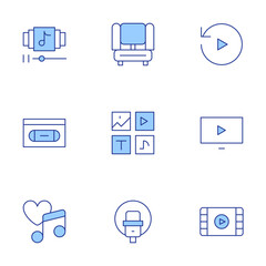 Multimedia icons set. Line Duotone style, editable stroke. replay, microphone, video, home theater, vhs, media, video player, playlist, love song