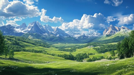 Fototapeta premium A picturesque landscape of rolling meadows, towering mountains, and a crystal-clear blue sky.