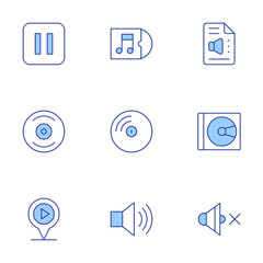Multimedia icons set. Line Duotone style, editable stroke. transcription, vinyl, cd, pause, mute, volume, location