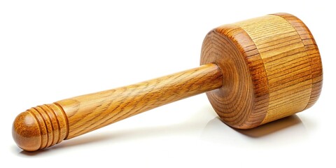 Rustic Wooden Mallet with Textured Head Isolated on White Background - Stock Photo