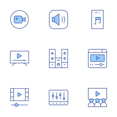 Multimedia icons set. Line Duotone style, editable stroke. video editing app, tv monitor, video player, music, video, equalizer, volume up, sound system