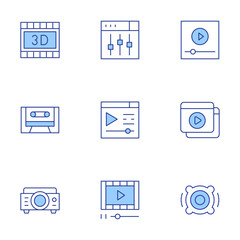 Multimedia icons set. Line Duotone style, editable stroke. video player, settings, 3d film, cassette, speaker, projector