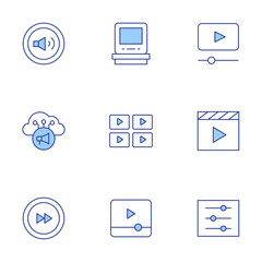 Multimedia icons set. Line Duotone style, editable stroke. volume, cloud, video, video player, fast forward, setup