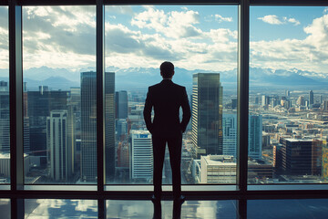 Fototapeta premium Businessman looking at the city skyline thinking about the future