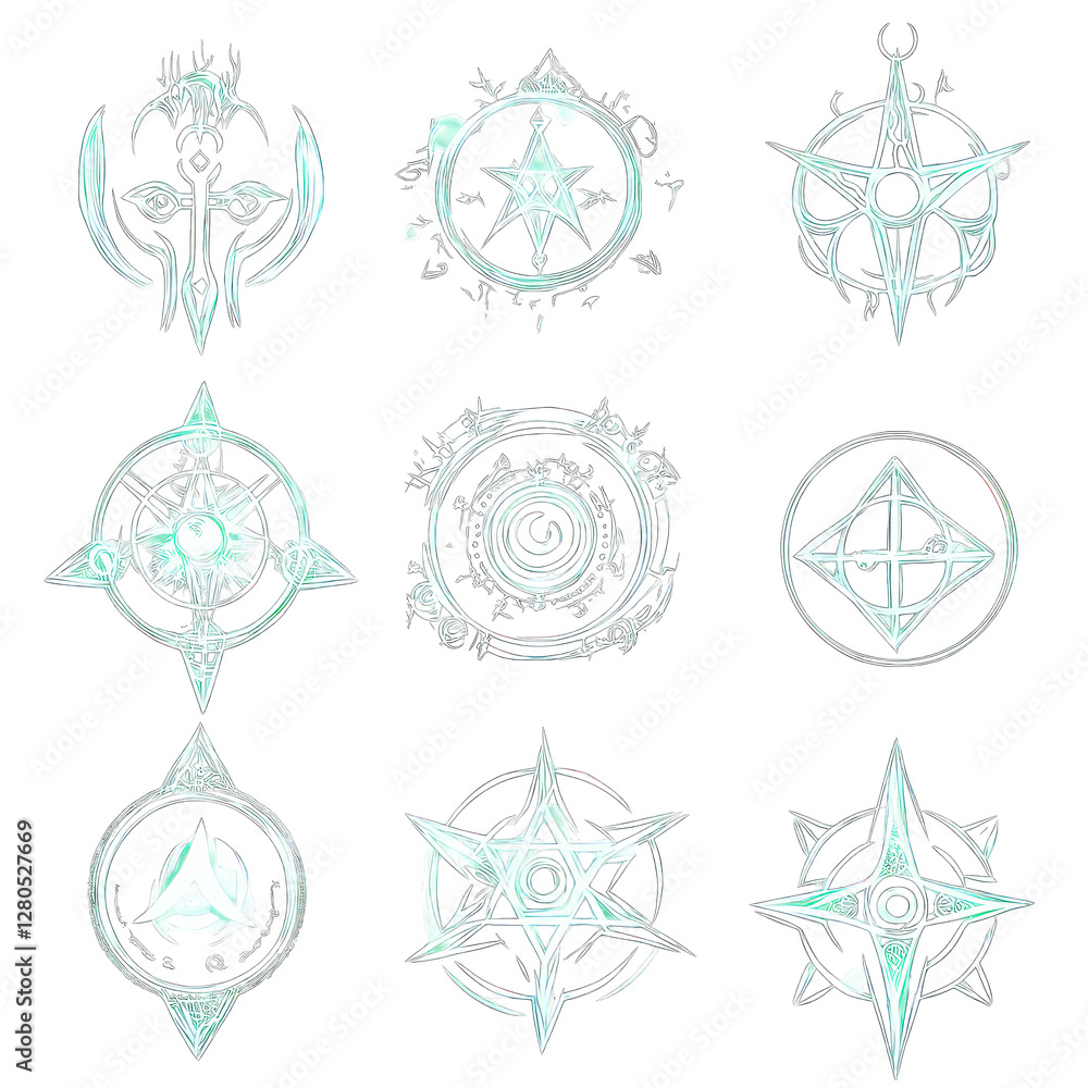 Poster set of glowing supernatural sigils floating in the air isolated on transparent background