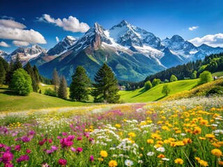 Spring Alps Meadow: Idyllic Mountain Landscape, Blooming Flowers, Swiss Alps Scenery