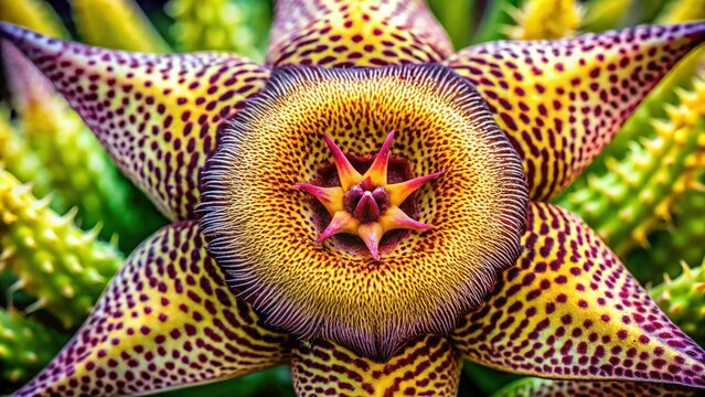 Starfish-Shaped Yellow Stapelia Variegata Flower with Magenta Spots - Close-up Macro Stock Photo