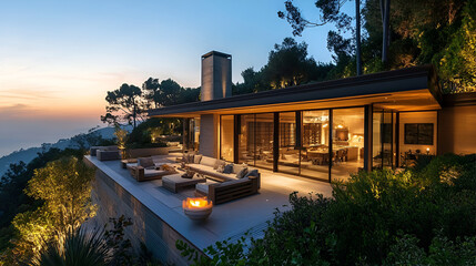 Fototapeta premium Luxury Oceanview Villa at Dusk Stunning Architectural Design for Real Estate Marketing