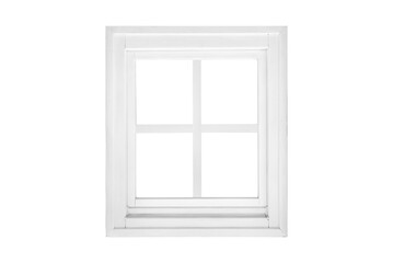 Modern single wing transparent white square window divided into four sections, isolated inside and...