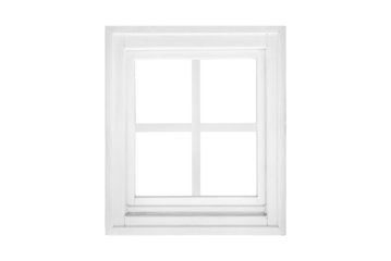 Modern single wing transparent white square window divided into four sections, isolated inside and outside, designed as a clean graphical element.