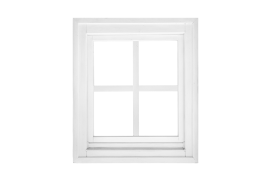 Modern single wing transparent white square window divided into four sections, isolated inside and outside, designed as a clean graphical element.