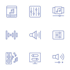 Multimedia icons set. Thin Line style, editable stroke. playlist, settings, volume, toggle, browser, audio waves, music