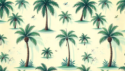Vintage Palm Tree Pattern, Tropical Sunset Hawaiian Print, Summer exotic holiday concept in modern retro style, created with generative ai
