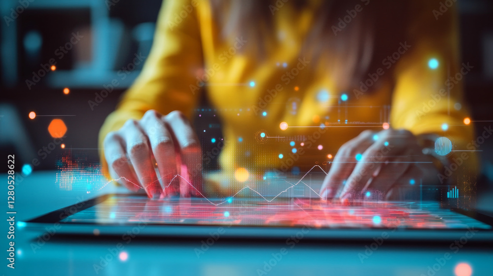 Poster graphic designer creating digital artwork on a tablet in a modern workspace during daylight hours