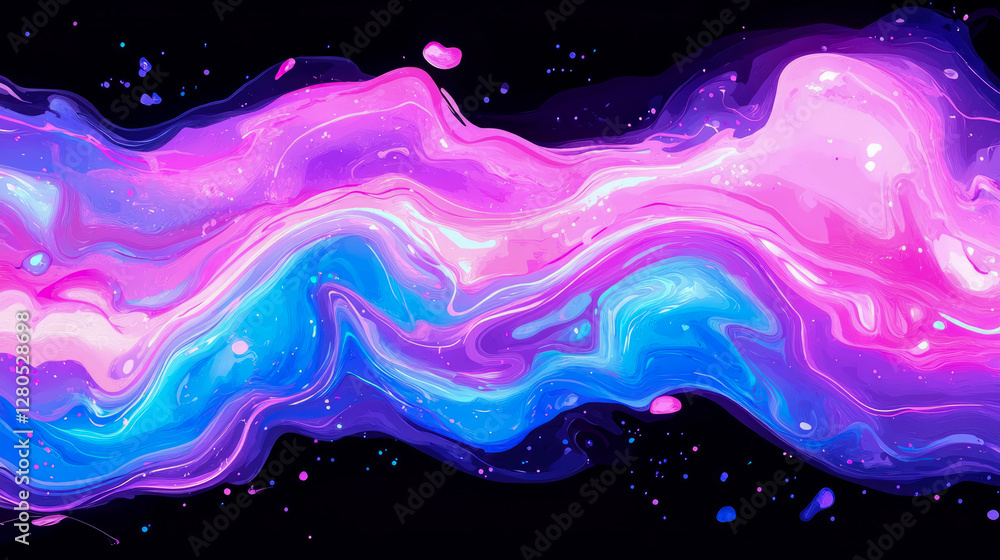 Poster cosmic fluidity: a mesmerizing blend of luminescent streams in swirling motion on a dark void backdr
