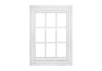 Modern vertical single wing white window with two vertical and two horizontal interior bars, transparent for architectural and graphic use.