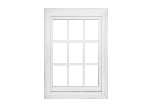 Modern vertical single wing white window with two vertical and two horizontal interior bars, transparent for architectural and graphic use.