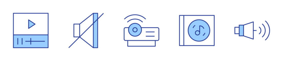 music album, volume, video player, mute, projector. Multimedia Icon vector illustration. Line Duotone style. Editable stroke