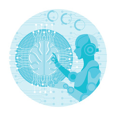 Robotic figure interacts with a digital neural design, symbolizing technology, AI, and innovation.