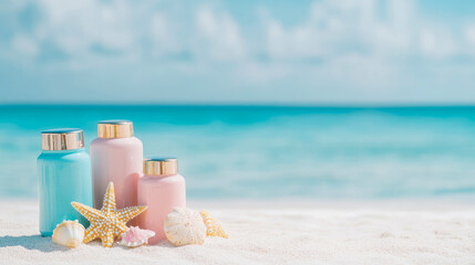 Coastal cosmetic promotion: bottles & ocean elements for spa getaway ad
